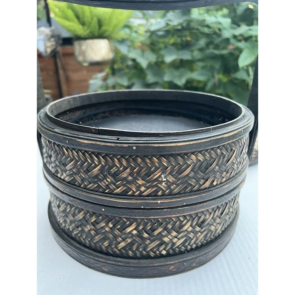 1900 Chinese 2-Tier Woven Bamboo Wedding Basket Metal Floral Medallion
